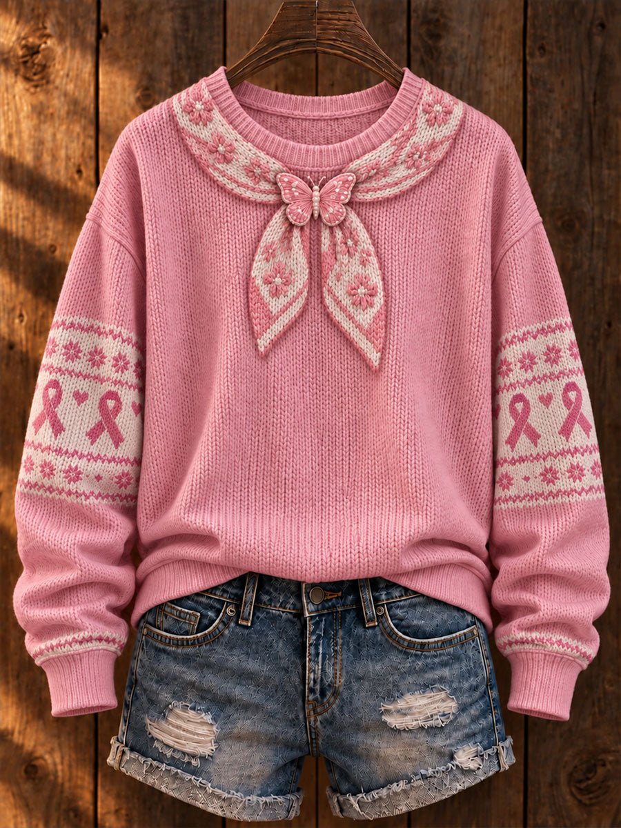 Women's Pink Ribbon Floral Art Print Sweater