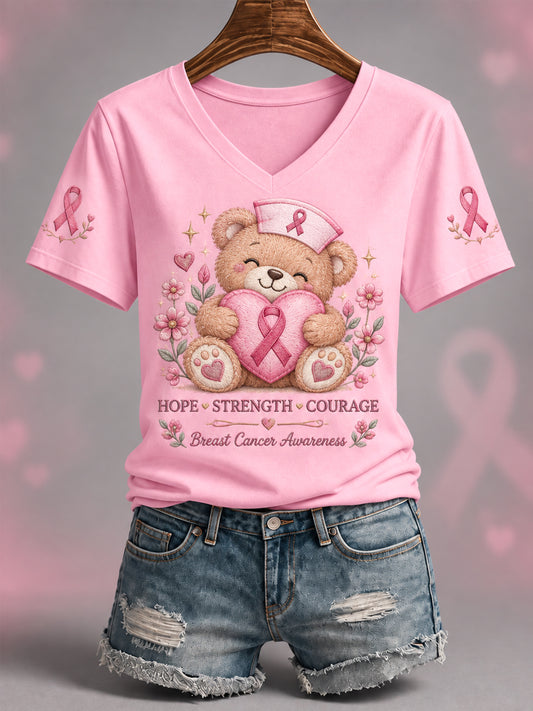 Women's In October We Wear Pink Care Bear Print Breast Cancer Awareness Support V-Neck Tee