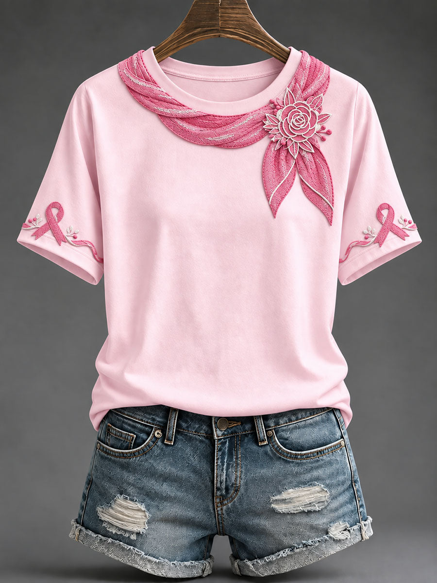 Women's Pink Ribbon Floral Art Print T-shirt