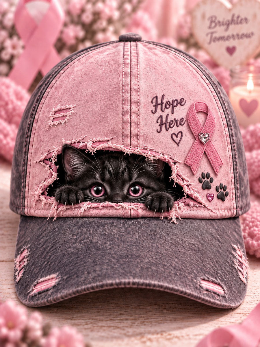 Breast Cancer Awareness Cat Print Casual Unisex Hat