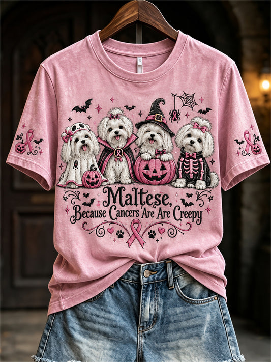 Women's Maltese Because Cancers Are Creepy Halloween Pink Dogs Print short-sleeved T-shirt