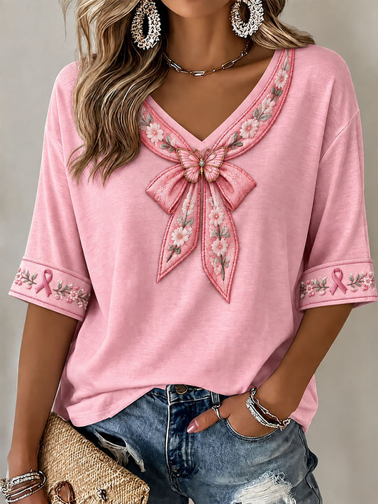 Women's Pink Ribbon Floral Art Print T-shirt