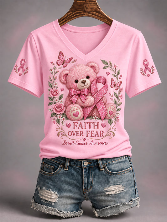 Women's In October We Wear Pink Care Bear Print Breast Cancer Awareness Support V-Neck Tee