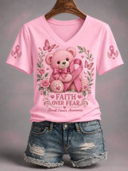 Women's In October We Wear Pink Care Bear Print Breast Cancer Awareness Support V-Neck Tee