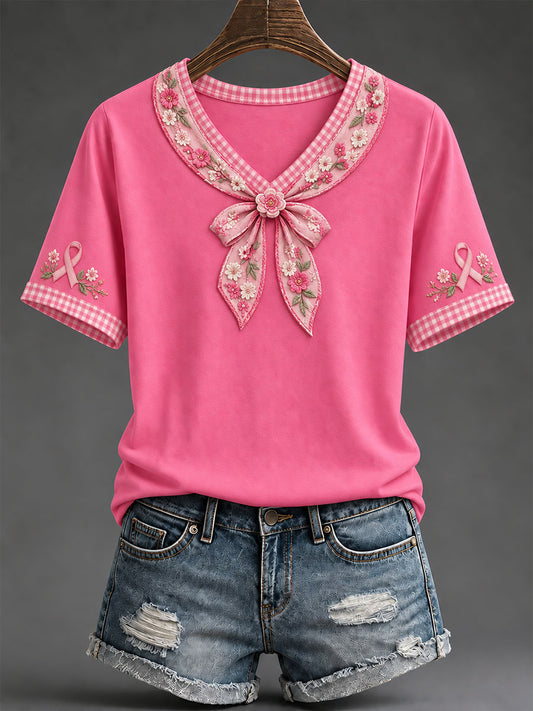 Women's Pink Ribbon Floral Art Print T-shirt