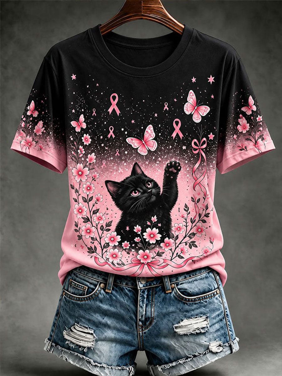 Women's Breast Cancer Awareness Cat Print Casual T-Shirt