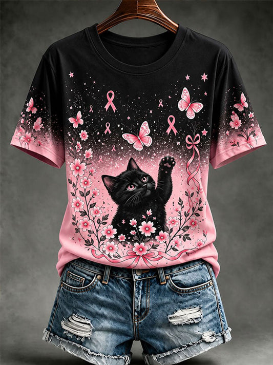 Women's Breast Cancer Awareness Cat Print Casual T-Shirt