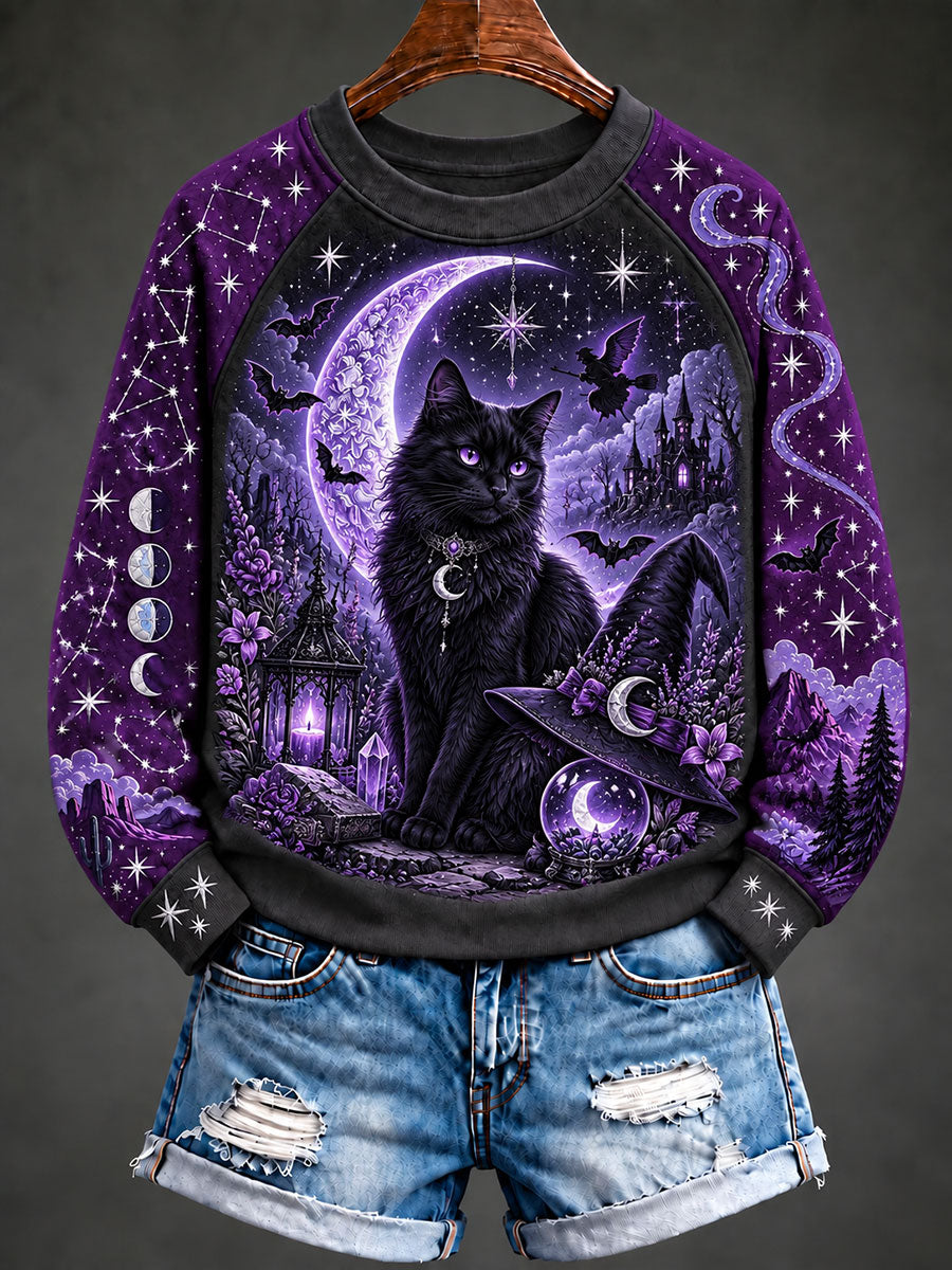 Women's Halloween Black Cat Raglan Sleeve Sweatshirt