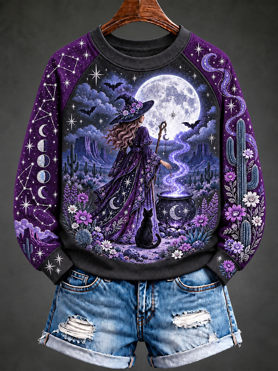 Women's Halloween Witch Black Cat Raglan Sleeve Sweatshirt
