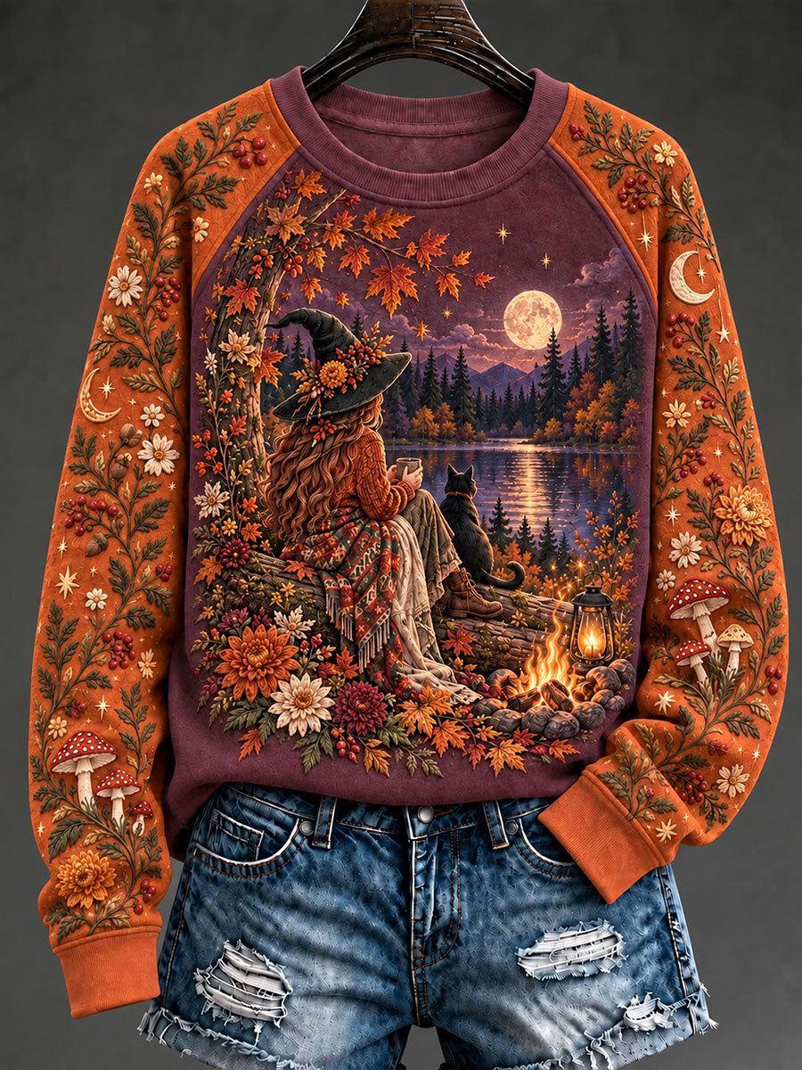 Women's Halloween Witch Black Cat Raglan Sleeve Sweatshirt