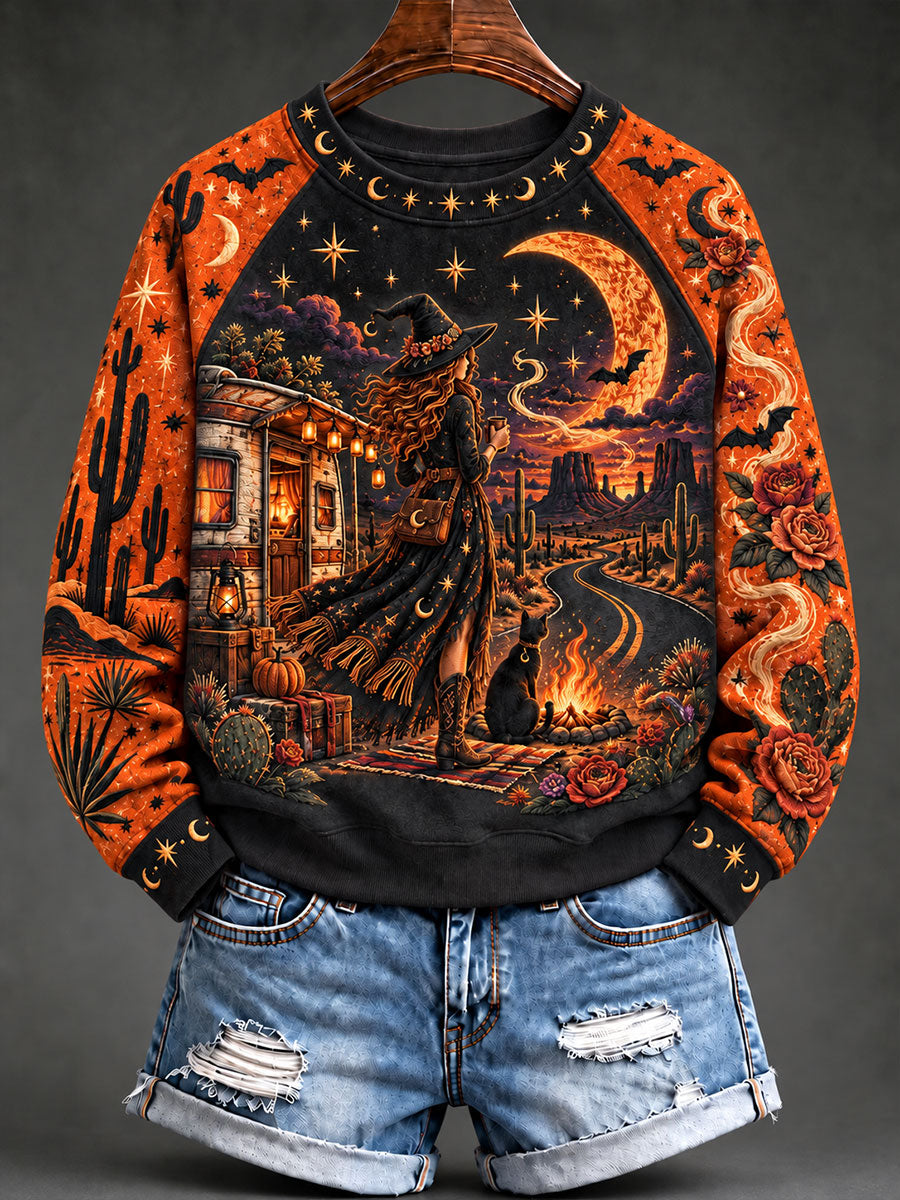 Women's Halloween Witch Black Cat Raglan Sleeve Sweatshirt