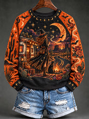 Women's Halloween Witch Black Cat Raglan Sleeve Sweatshirt