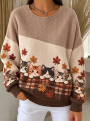 Women's Cute Cats In Autumn And Winter Print Ribbed Round-Neck Sweatshirt