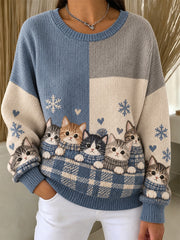 Women's Cute Cats In Autumn And Winter Print Ribbed Round-Neck Sweatshirt