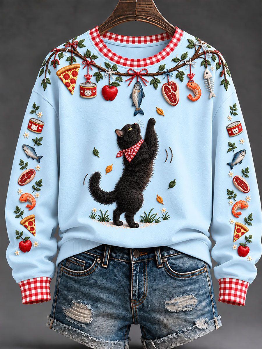 Women's "Every Pet’s Thanksgiving Dream" Black Cat Print Casual Sweatshirt