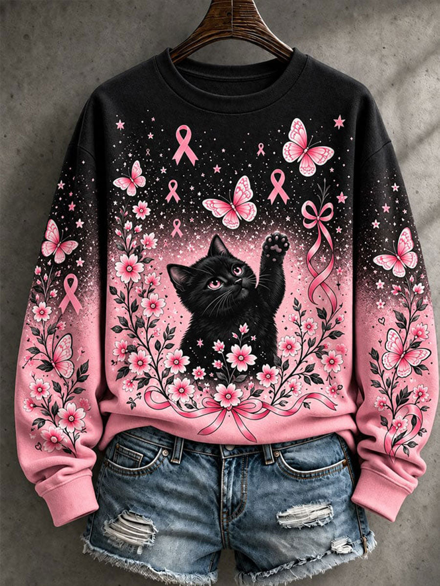 Women's Breast Cancer Awareness Cat Print Casual Sweatshirt