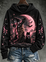Women's Breast Cancer Awareness Pink Witch Black Cat Print Sweatshirt