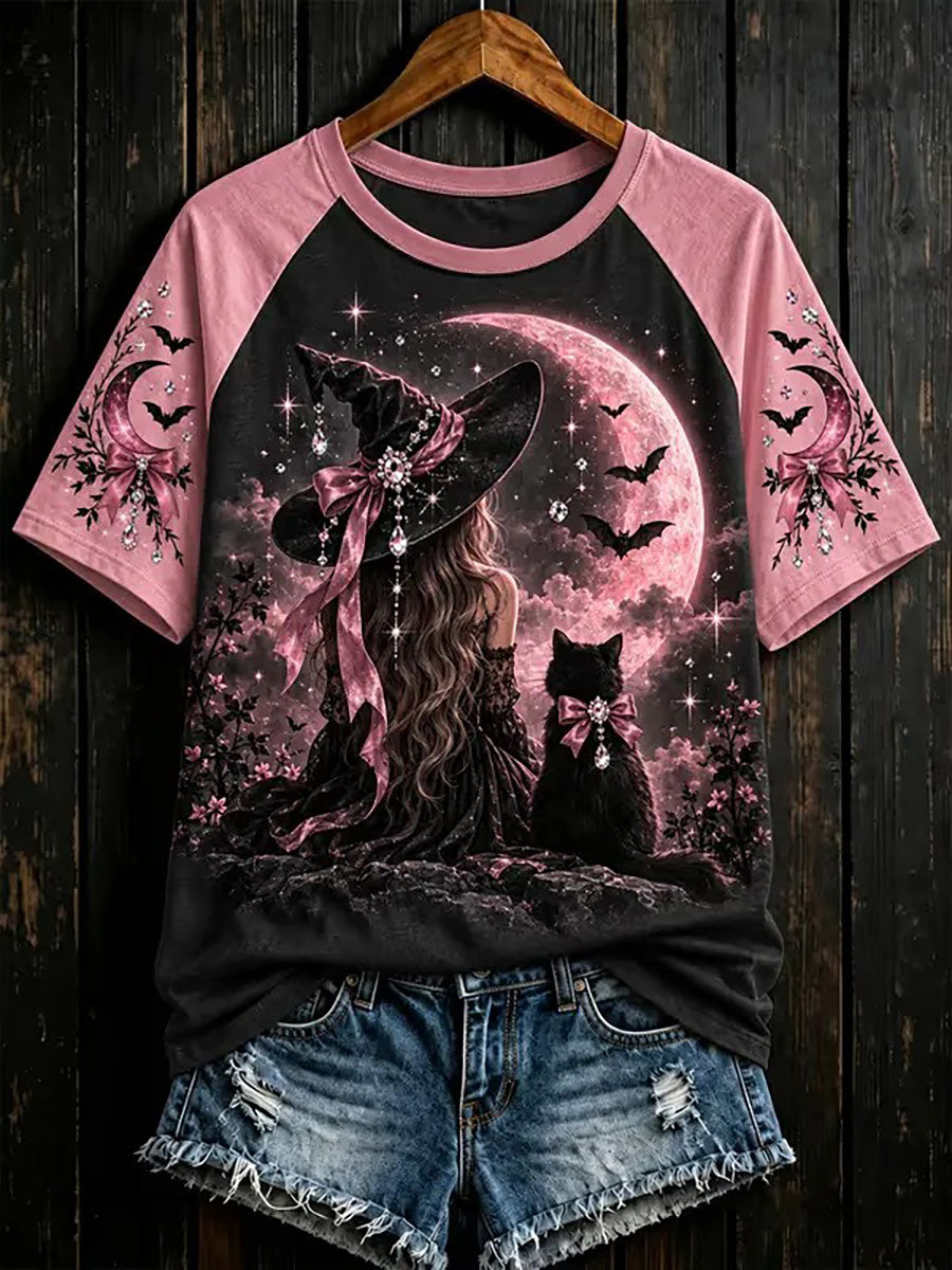 Women's Breast Cancer Awareness Pink Witch Black Cat Print T-shirt