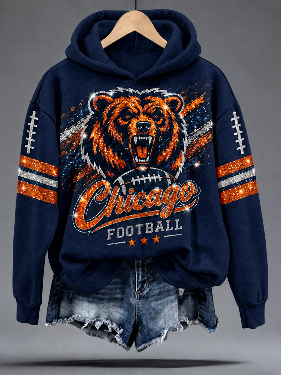 Women's Chicago Football Lover Bear Art Printed Regular Sweatshirt