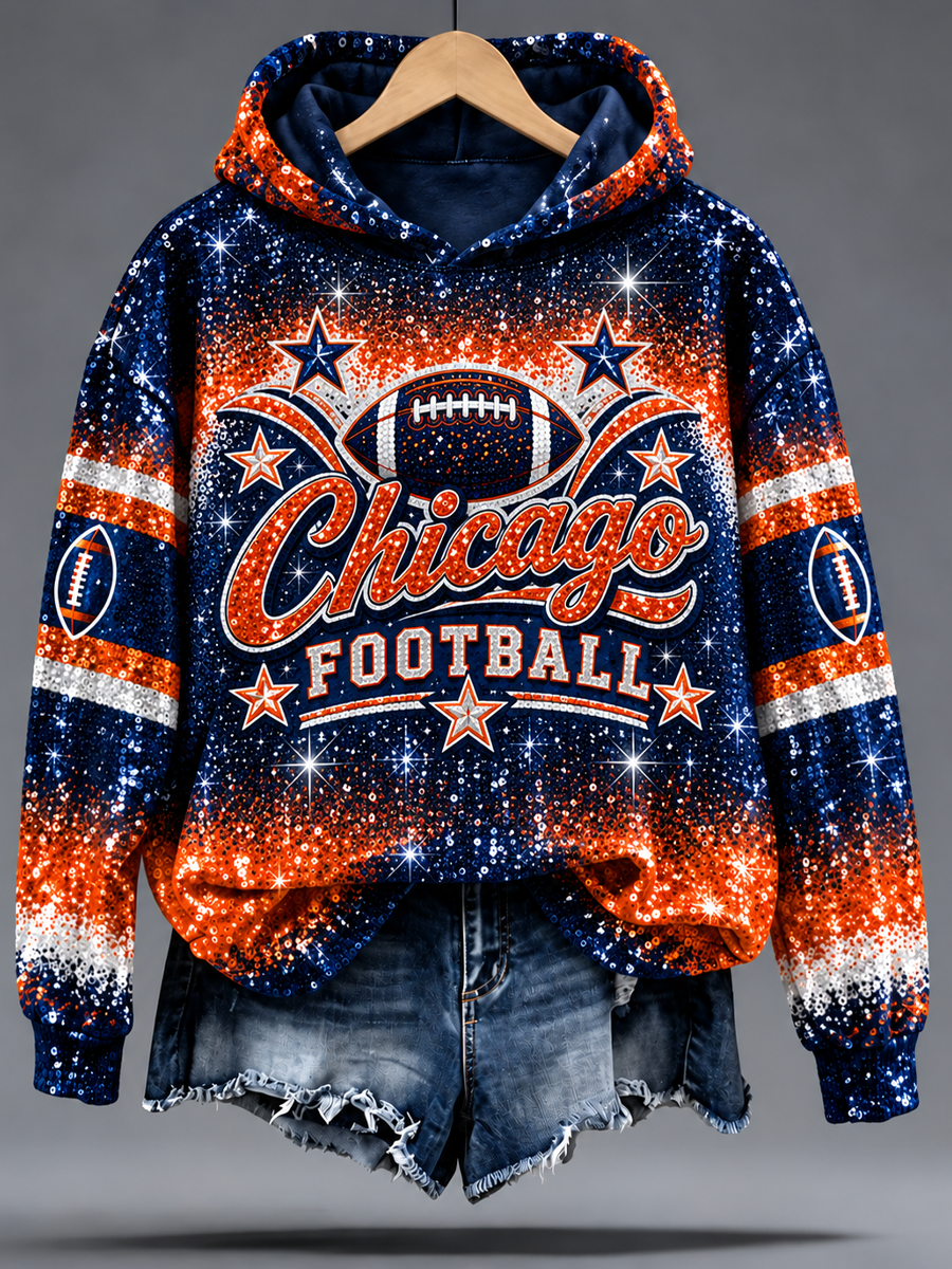 Women's Chicago Football Lover Bear Art Printed Regular Sweatshirt