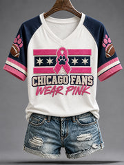 Women's Chicago Football Lover Bear Art Breast Cancer Awareness Printged T-shirt