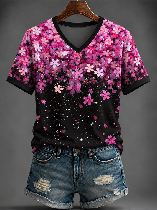 Women's  Pink Flowers Printed V-neck T-shirt