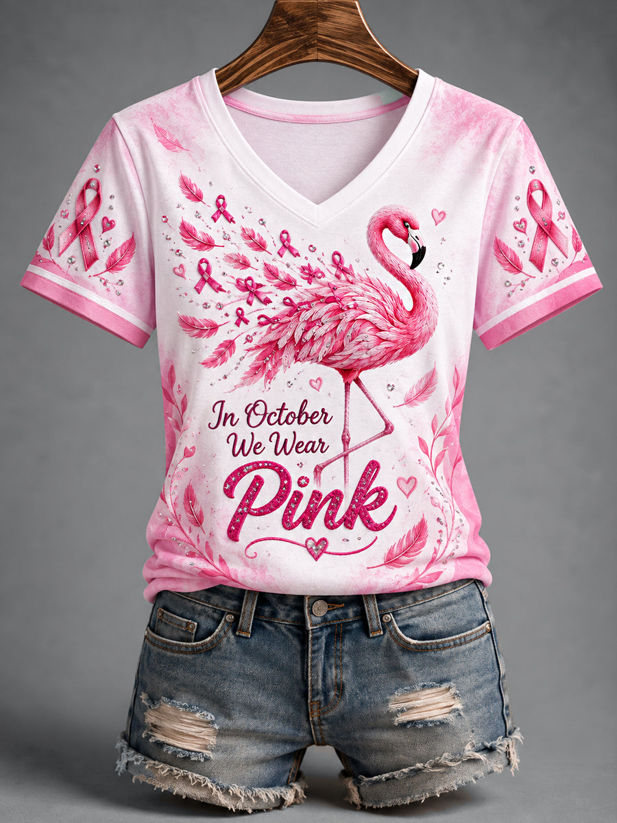 Women's Pink Ribbon Flamingo Print Breast Cancer Awareness Support V-Neck Tee
