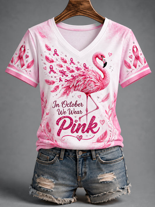 Women's Pink Ribbon Flamingo Print Breast Cancer Awareness Support V-Neck Tee