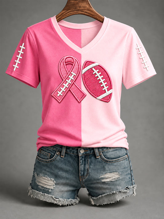 Women's Tackle Breast Cancer Pink Ribbon & Football Print Breast Cancer Awareness Support V-Neck Tee