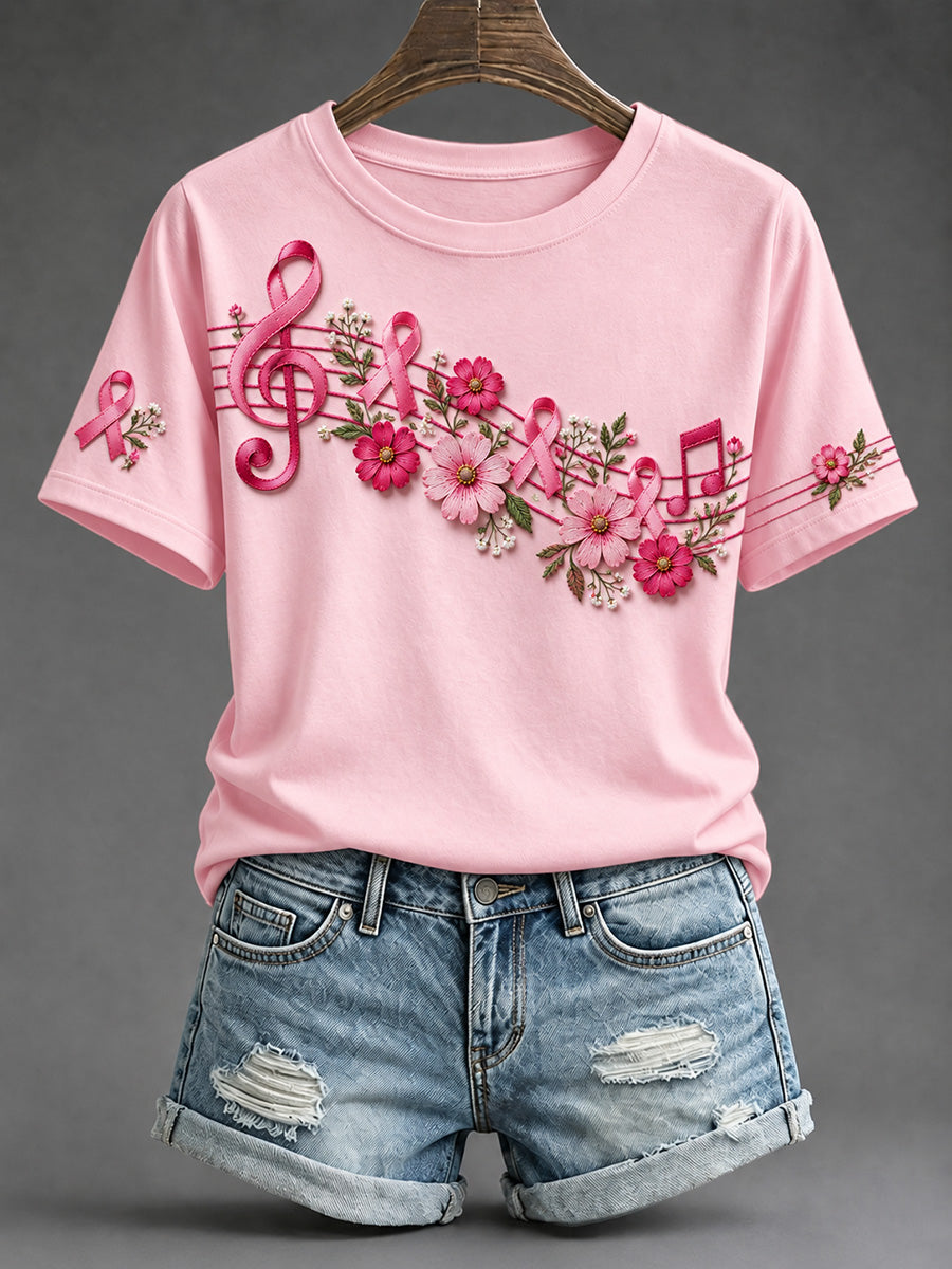 Women's Elegant Pink Ribbon Floral Musical Notes Print Short-sleeved T-shirt