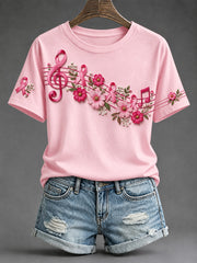 Women's Elegant Pink Ribbon Floral Musical Notes Print Short-sleeved T-shirt