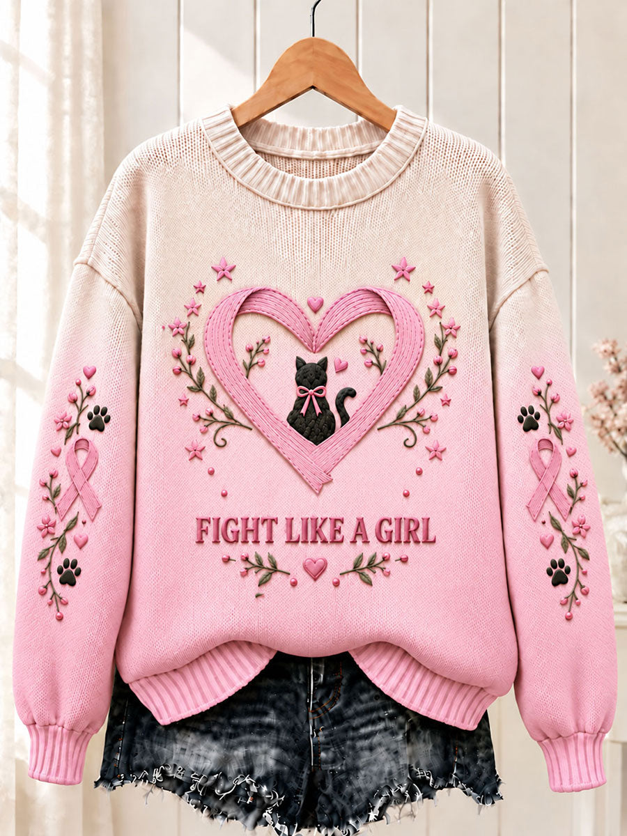 Women's Breast Cancer Pink Ribbon Black Cat Crew Neck Sweater