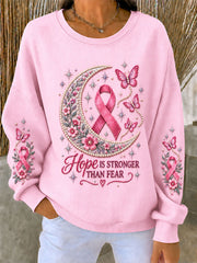 Women's Breast Cancer Pink Ribbon Flower Ribbed Round-Neck Sweatshirt