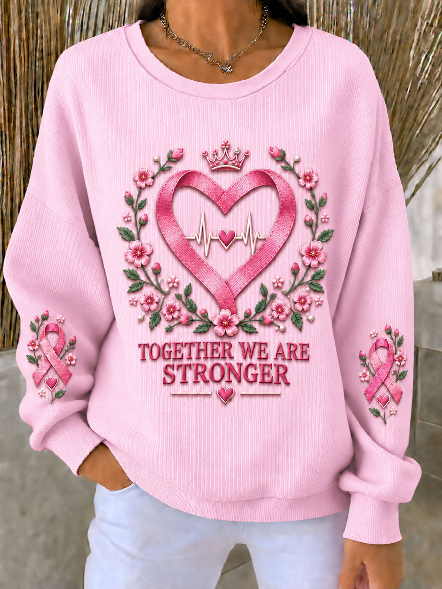 Women's Breast Cancer Pink Ribbon Flower Ribbed Round-Neck Sweatshirt
