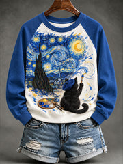 Women's "Cat Artist" Starry Sky Fun Casual Sweatshirt