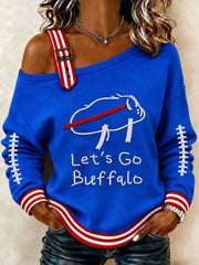 Women's Let's Go Buffalo Football Fans Lovers Gameday Casual Off-Shoulder Sweatshirt