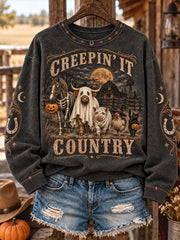 Women's Western Halloween Art Horses Cows Printed Sweatshirt
