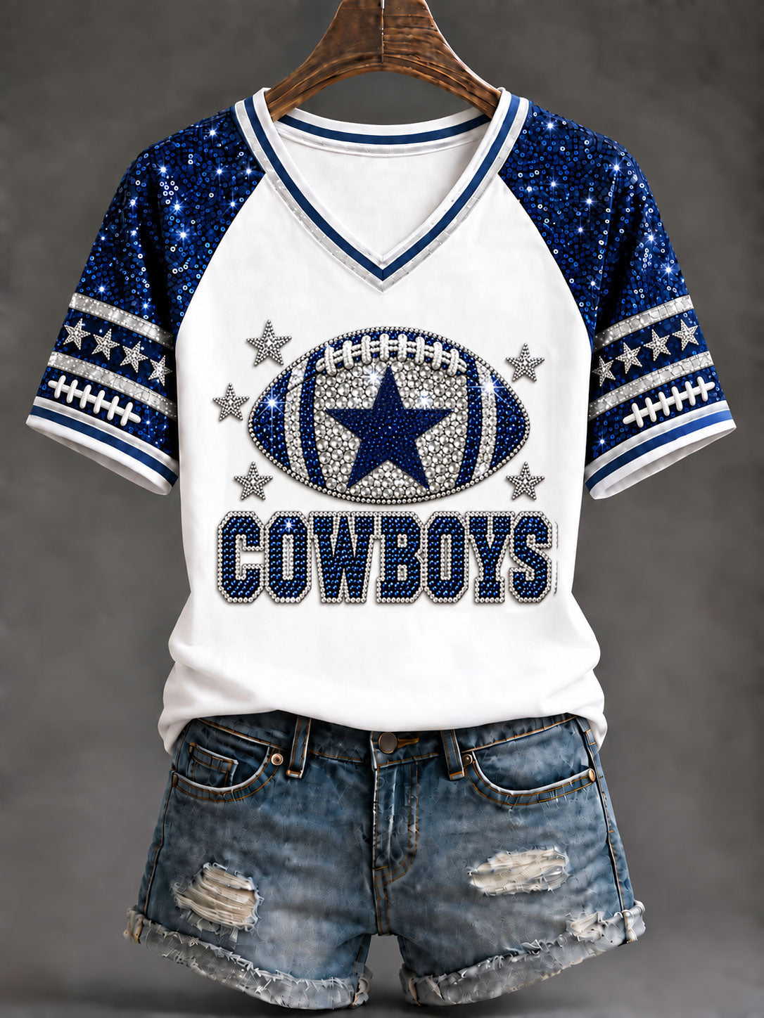 Women's Cowboys V-Neck Off-Shoulder Short-Sleeved T-shirt