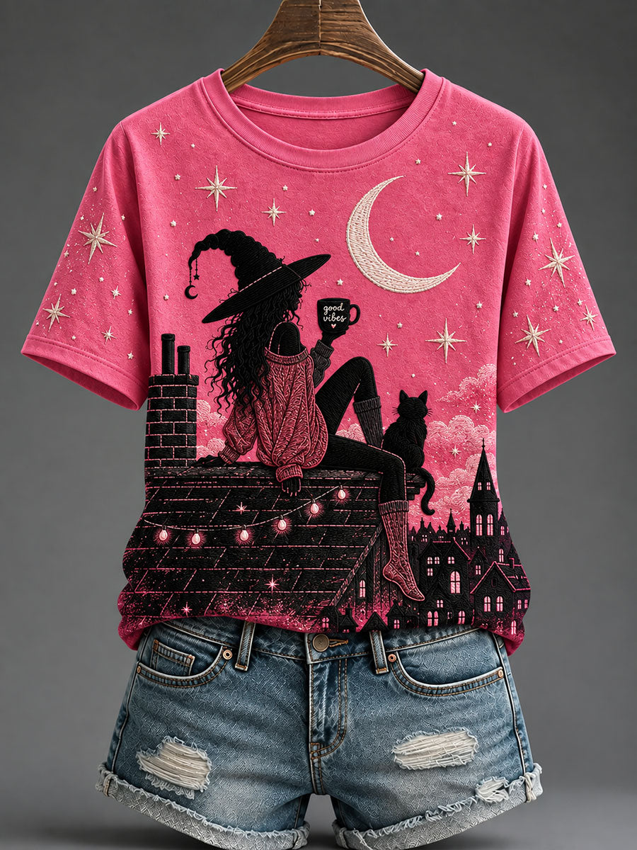 Women's Pink Witch and Cat Print Breast Cancer Awareness T-Shirt