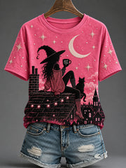 Women's Pink Witch and Cat Print Breast Cancer Awareness T-Shirt