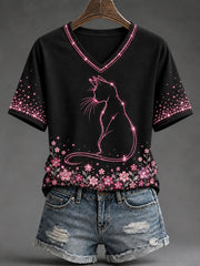 Women's Breast Cancer Awareness Pink Cat Print T-Shirt