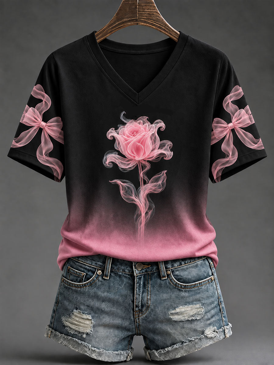 Women's Pink Rose Print Breast Cancer Awareness T-Shirt