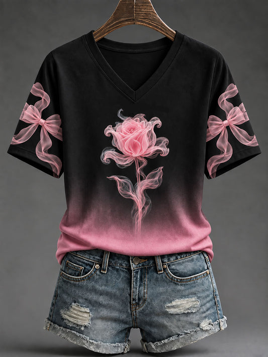 Women's Pink Rose Print Breast Cancer Awareness T-Shirt