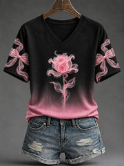 Women's Pink Rose Print Breast Cancer Awareness T-Shirt