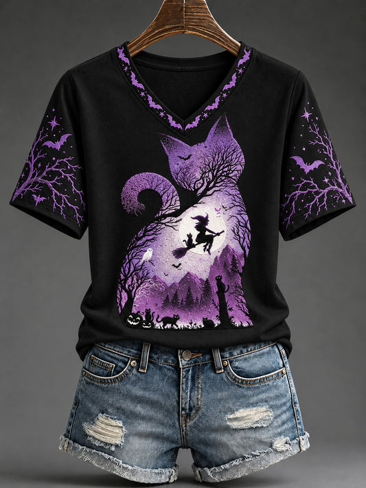 Women's Halloween Witch and Cat Print T-Shirt