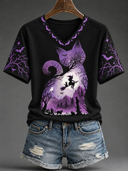 Women's Halloween Witch and Cat Print T-Shirt