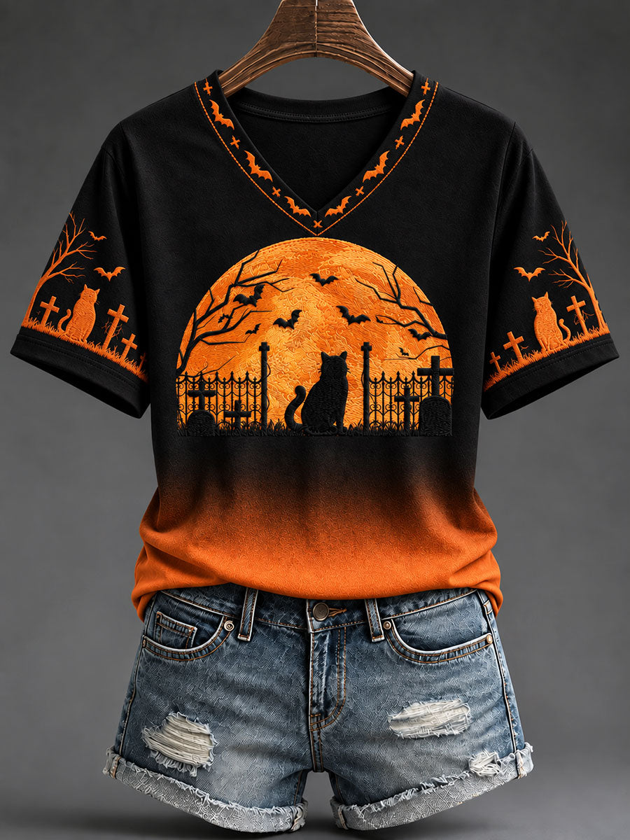 Women's Halloween Cat Print T-Shirt