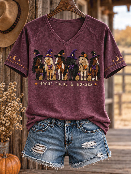 Women's Western Halloween Horses Art Printed T-shirt