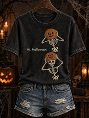 Women's Halloween Pumpkin Skeleton Pattern Print Casual Short-Sleeve T-Shirt