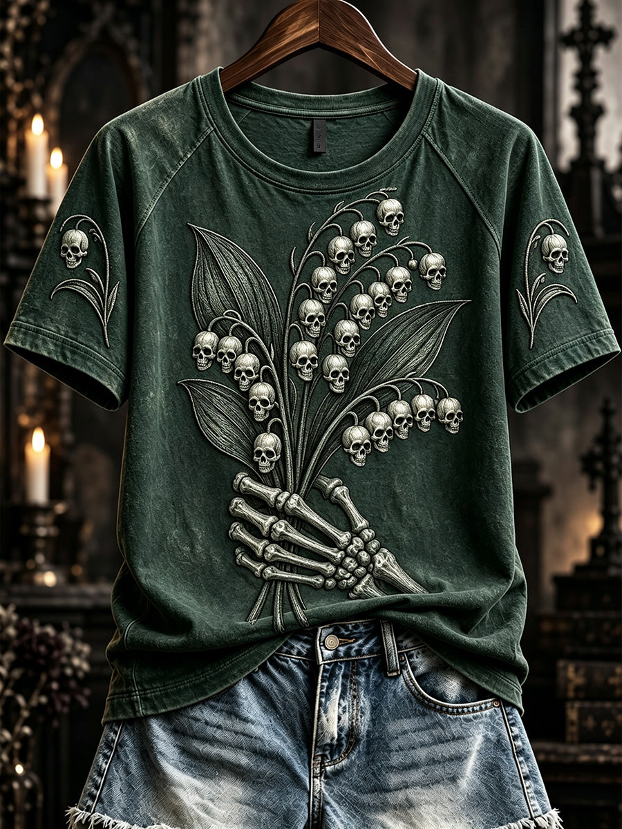 Women's Vintage Gothic Skull Lily of the Valley Print Round Neck Short Sleeve T-shirt
